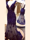 Trumpet/Mermaid V-neck Tulle Sweep Train Appliques Lace Prom Dresses #UKM020103519