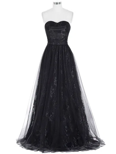 Black Ball Gown Strapless Floor-length Lace Tulle Prom Dresses #UKM020103532