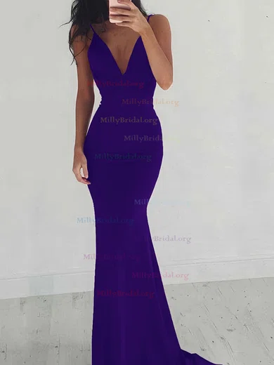 V-neck Purple Jersey Sheath Long Bridesmaid Dresses