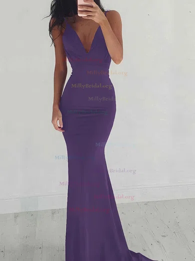 V-neck Purple Jersey Sheath Long Bridesmaid Dresses