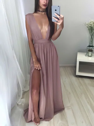 A-line V-neck Chiffon Floor-length Split Front Prom Dresses #UKM020103543