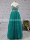A-line V-neck Tulle Floor-length Beading Prom Dresses #UKM020103544