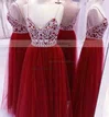 A-line V-neck Tulle Floor-length Beading Prom Dresses #UKM020103544