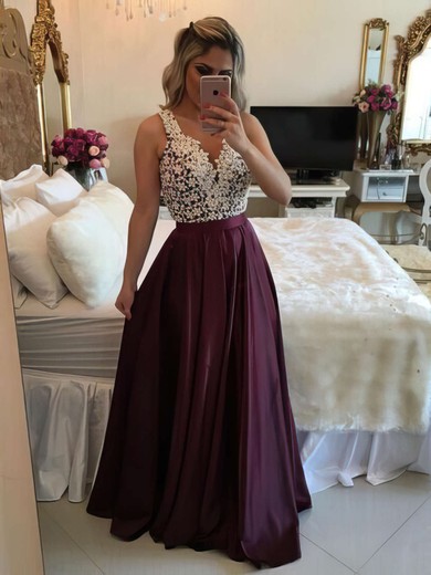 A-line V-neck Satin Floor-length Appliques Lace Prom Dresses #UKM020103548