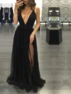 Black A-line V-neck Floor-length Tulle Prom Dresses With Split #UKM020103576