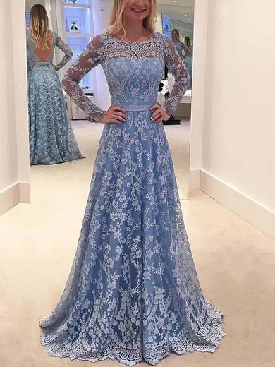 A-line Scalloped Neck Lace Floor-length Sashes / Ribbons Prom Dresses #UKM020103585