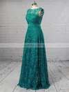 A-line Scalloped Neck Lace Floor-length Sashes / Ribbons Prom Dresses #UKM020103586