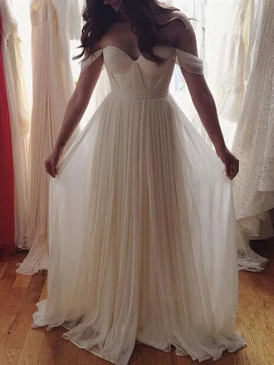 A-line Off-the-shoulder Chiffon Floor-length Ruffles Prom Dresses #UKM020103599