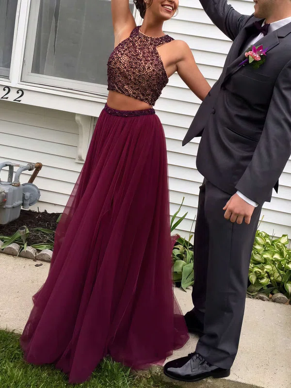A-line Scoop Neck Tulle Floor-length Beading Prom Dresses #UKM020103601