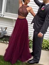 A-line Scoop Neck Tulle Floor-length Beading Prom Dresses #UKM020103601
