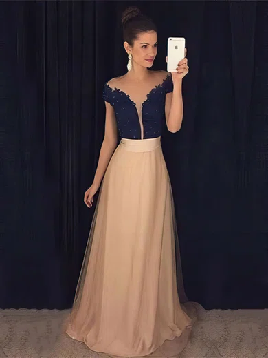A-line Scoop Neck Tulle Floor-length Beading Prom Dresses #UKM020103604