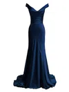 Trumpet/Mermaid V-neck Silk-like Satin Ruffles Sweep Train Dark Navy Simple Prom Dresses #UKM020103612