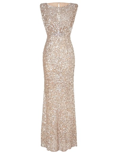 Sheath/Column Scoop Neck Sequined Beading Floor-length Champagne Sparkly Prom Dresses #UKM020103616