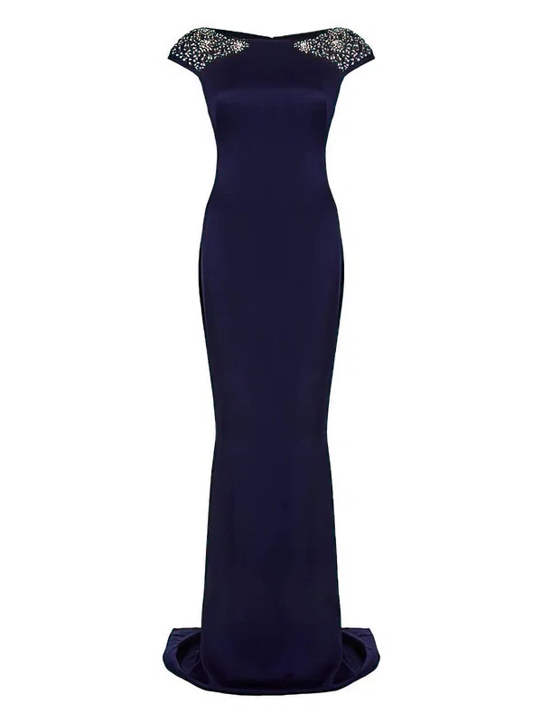 Sheath/Column Scoop Neck Silk-like Satin Beading Sweep Train Cap Straps Modest Prom Dresses #UKM020103619