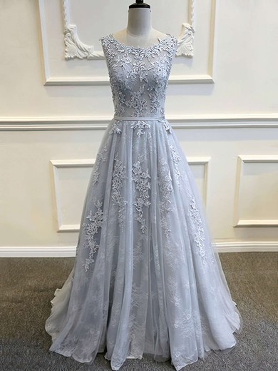 Princess Scoop Neck Lace Tulle Sweep Train Appliques Lace Prom Dresses #UKM020103620
