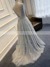 Princess Scoop Neck Lace Tulle Sweep Train Appliques Lace Prom Dresses #UKM020103620