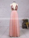 A-line V-neck Tulle Sequined Floor-length Split Front Prom Dresses #UKM020103637