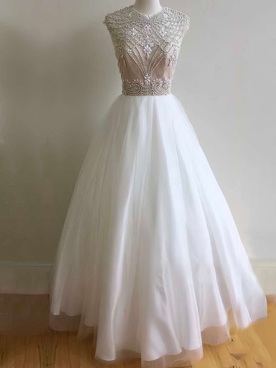 Ball Gown Scoop Neck Tulle Floor-length Beading Prom Dresses #UKM020103640