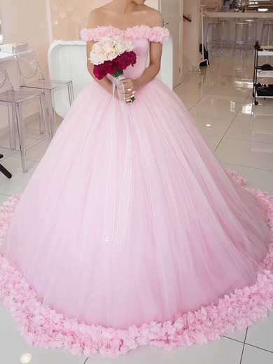 Ball Gown/Princess Off-the-shoulder Tulle Court Train Wedding Dresses With Appliques Lace #UKM00022798