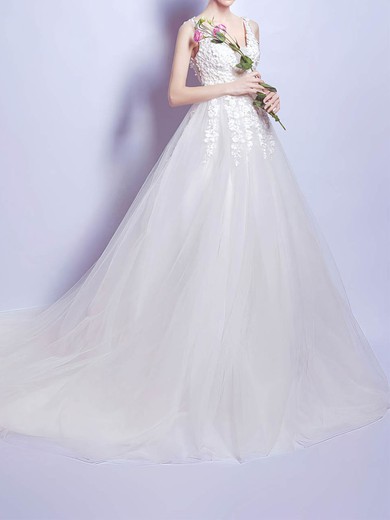 Ball Gown/Princess V-neck Tulle Chapel Train Wedding Dresses With Appliques Lace #UKM00022799