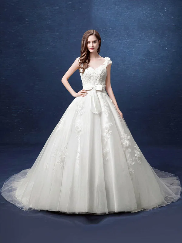Ball Gown V-neck Tulle Court Train Wedding Dresses With Appliques Lace #UKM00022800