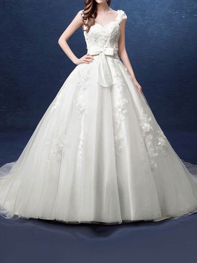 Ball Gown/Princess V-neck Tulle Court Train Wedding Dresses With Appliques Lace #UKM00022800