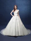Ball Gown V-neck Tulle Court Train Wedding Dresses With Appliques Lace #UKM00022800