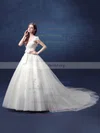 Fabulous Ball Gown V-neck Tulle with Appliques Lace Court Train Backless Wedding Dresses #UKM00022800