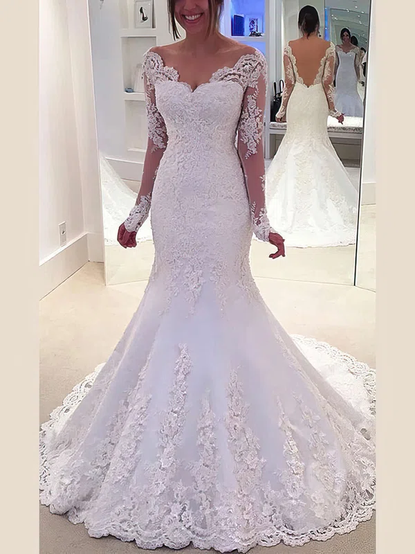Modest Trumpet/Mermaid Off-the-shoulder Tulle Appliques Lace Sweep Train Long Sleeve Wedding Dresses #UKM00022803