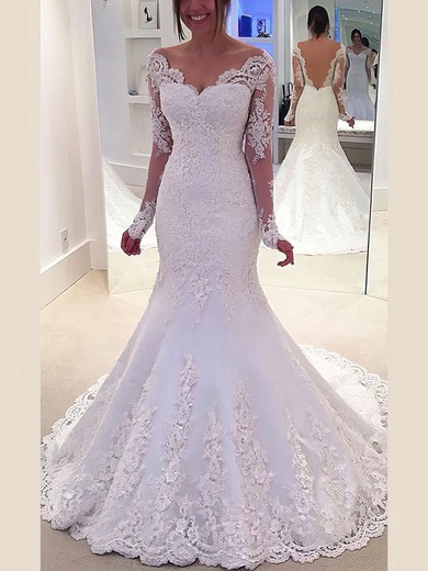 Trumpet/Mermaid Off-the-shoulder Tulle Sweep Train Wedding Dresses With Appliques Lace #UKM00022803
