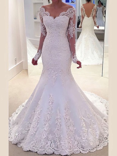 Trumpet/Mermaid Off-the-shoulder Tulle Sweep Train Wedding Dresses With Appliques Lace #UKM00022803