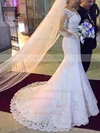Modest Trumpet/Mermaid Off-the-shoulder Tulle Appliques Lace Sweep Train Long Sleeve Wedding Dresses #UKM00022803