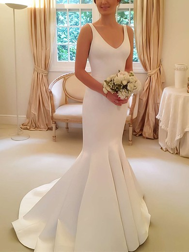 Trumpet/Mermaid V-neck Satin with Bow Sweep Train Backless Simple Wedding Dresses #UKM00022805