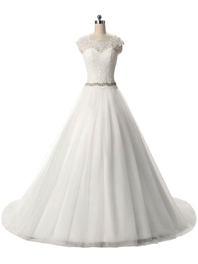 Ball Gown Scalloped Neck Tulle Sashes / Ribbons Sweep Train Graceful Wedding Dresses #UKM00022806