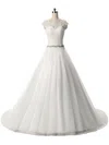 Ball Gown Illusion Tulle Sweep Train Wedding Dresses With Appliques Lace #UKM00022806