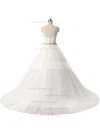 Ball Gown Scalloped Neck Tulle Sashes / Ribbons Sweep Train Graceful Wedding Dresses #UKM00022806