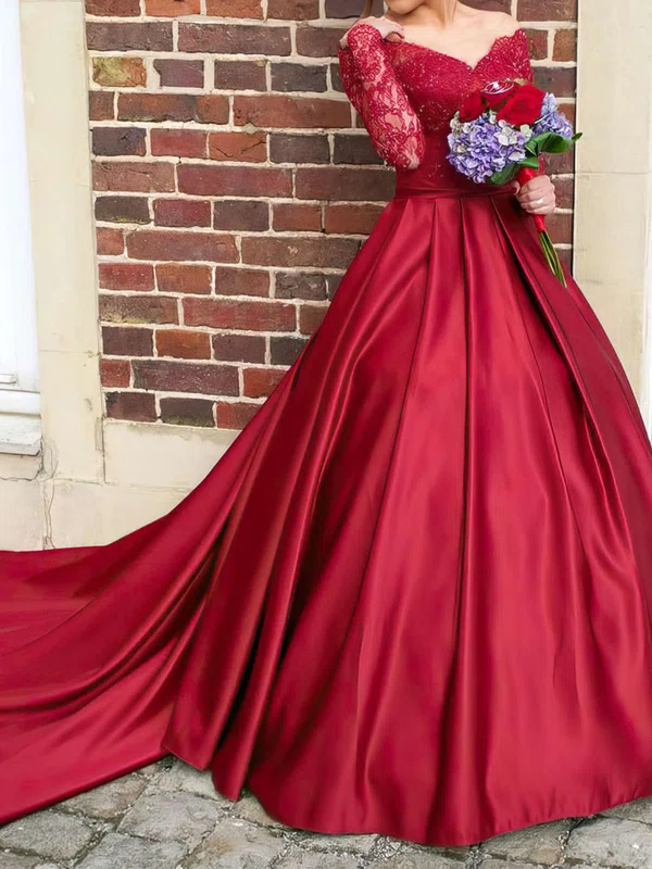 Ball Gown Off-the-shoulder Satin Watteau Train Wedding Dresses With Appliques Lace #UKM00022807