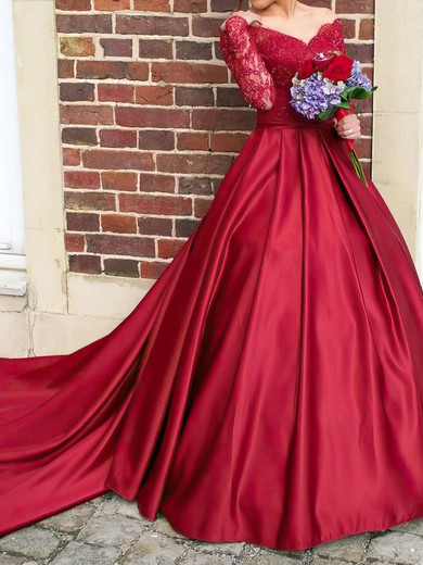 Ball Gown/Princess Off-the-shoulder Satin Watteau Train Wedding Dresses With Appliques Lace #UKM00022807