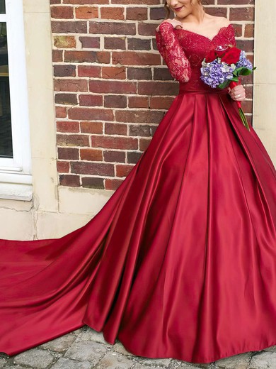 Classy Ball Gown Off-the-shoulder Satin Tulle Appliques Lace Watteau Train Burgundy Long Sleeve Wedding Dresses #UKM00022807