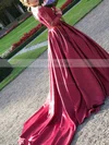 Classy Ball Gown Off-the-shoulder Satin Tulle Appliques Lace Watteau Train Burgundy Long Sleeve Wedding Dresses #UKM00022807