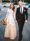 New A-line Scoop Neck Tulle Appliques Lace Floor-length Champagne Long Sleeve Wedding Dresses #UKM00022808