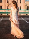New A-line Scoop Neck Tulle Appliques Lace Floor-length Champagne Long Sleeve Wedding Dresses #UKM00022808