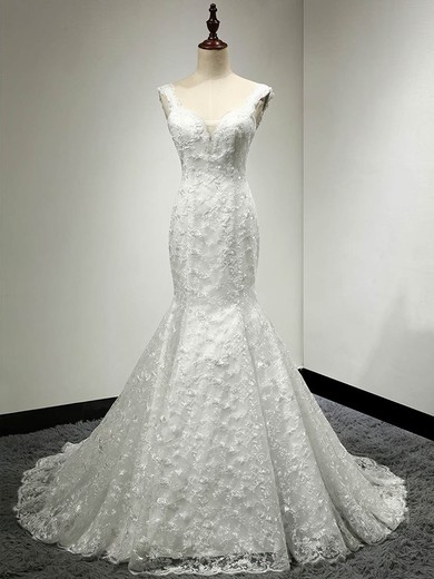 Trumpet/Mermaid V-neck Lace with Appliques Lace Sweep Train Ivory Classic Wedding Dresses #UKM00022811
