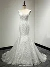Trumpet/Mermaid V-neck Lace Sweep Train Wedding Dresses With Appliques Lace #UKM00022811