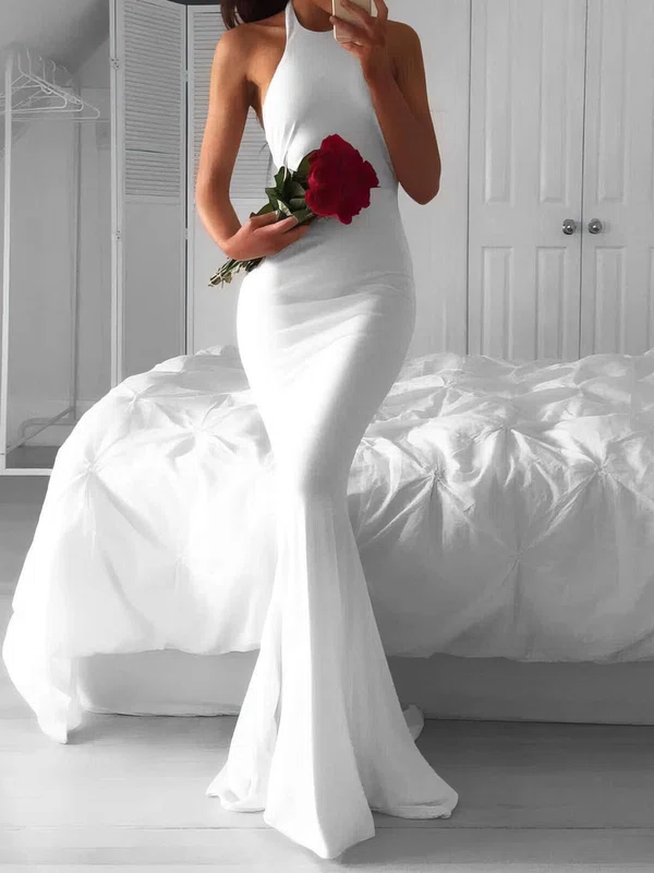 Trumpet/Mermaid Halter Jersey Sweep Train Wedding Dresses #UKM00022814