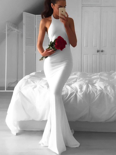 Hot Trumpet/Mermaid Halter Jersey Ruffles Sweep Train White Backless Wedding Dresses #UKM00022814