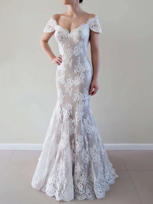 Trumpet/Mermaid Off-the-shoulder Lace Floor-length Wedding Dresses With Appliques Lace #UKM00022823