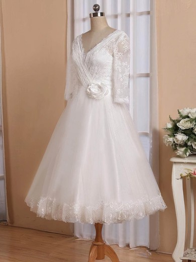 Ball Gown V-neck Tulle Tea-length Wedding Dresses With Flower(s) #UKM00022826