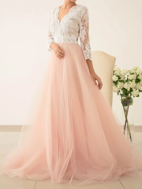 Ball Gown/Princess V-neck Tulle Sweep Train Wedding Dresses With Appliques Lace #UKM00022828