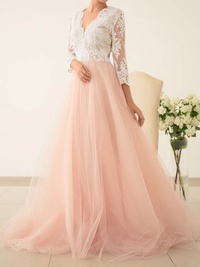 Ball Gown/Princess V-neck Tulle Sweep Train Wedding Dresses With Appliques Lace #UKM00022828